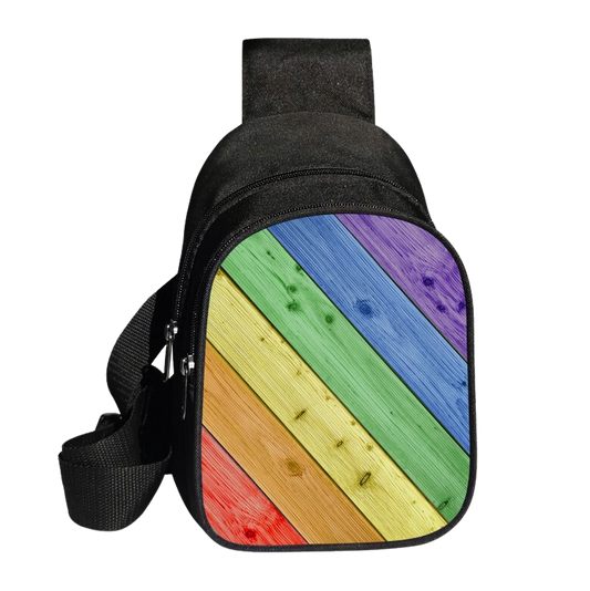 Pride Shoulder Sling Bag in Black with Woodgrain Pride Colors Design on the Front