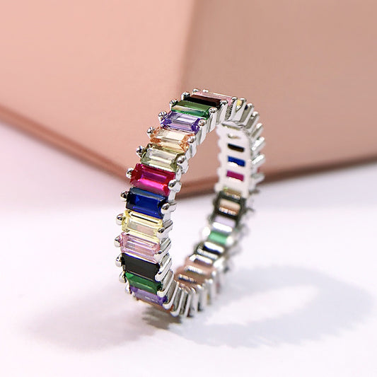 Silver with Colorful Geometric Rainbow Gemstones Ring