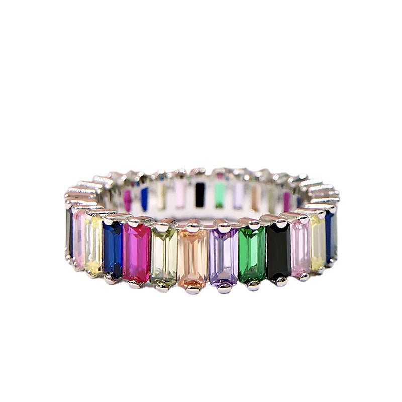 Silver with Colorful Geometric Rainbow Gemstones Ring