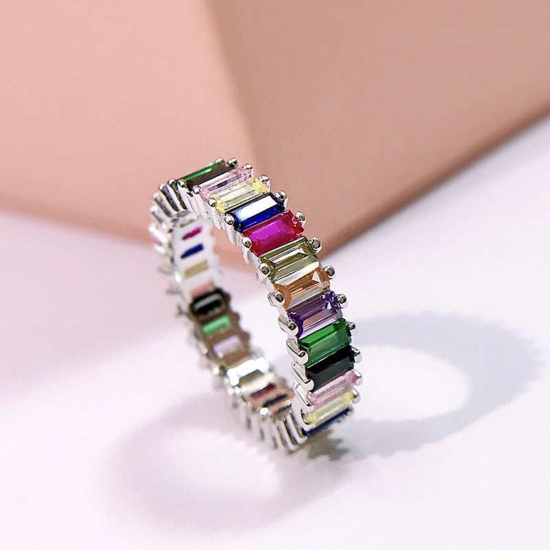 Silver with Colorful Geometric Rainbow Gemstones Ring
