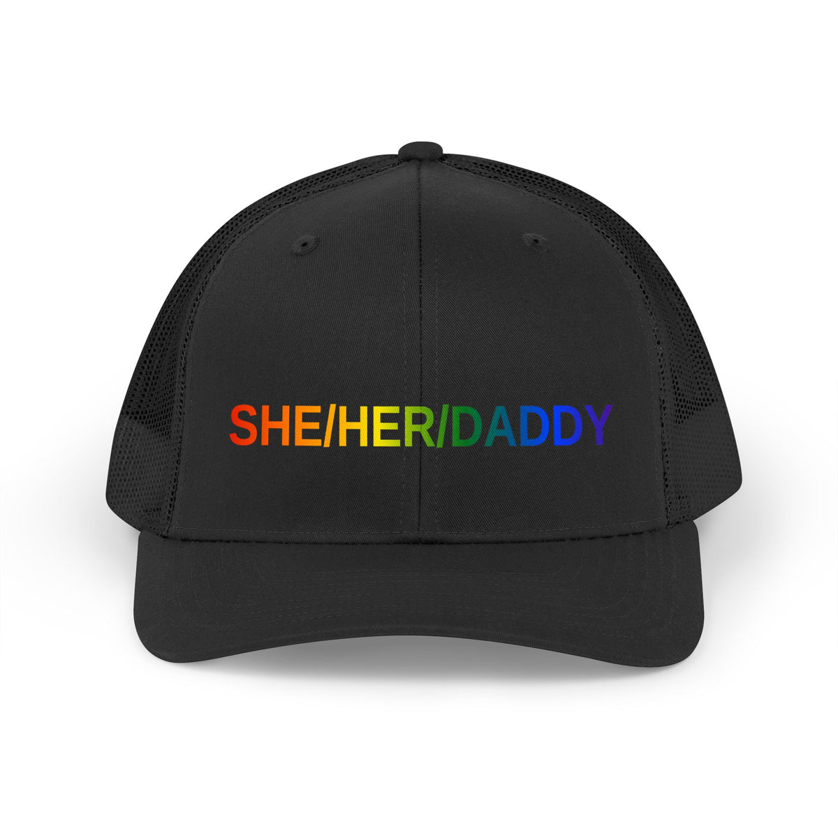 She/Her/Daddy Rainbow Trucker Hat — Pride Pronoun Mesh Cap