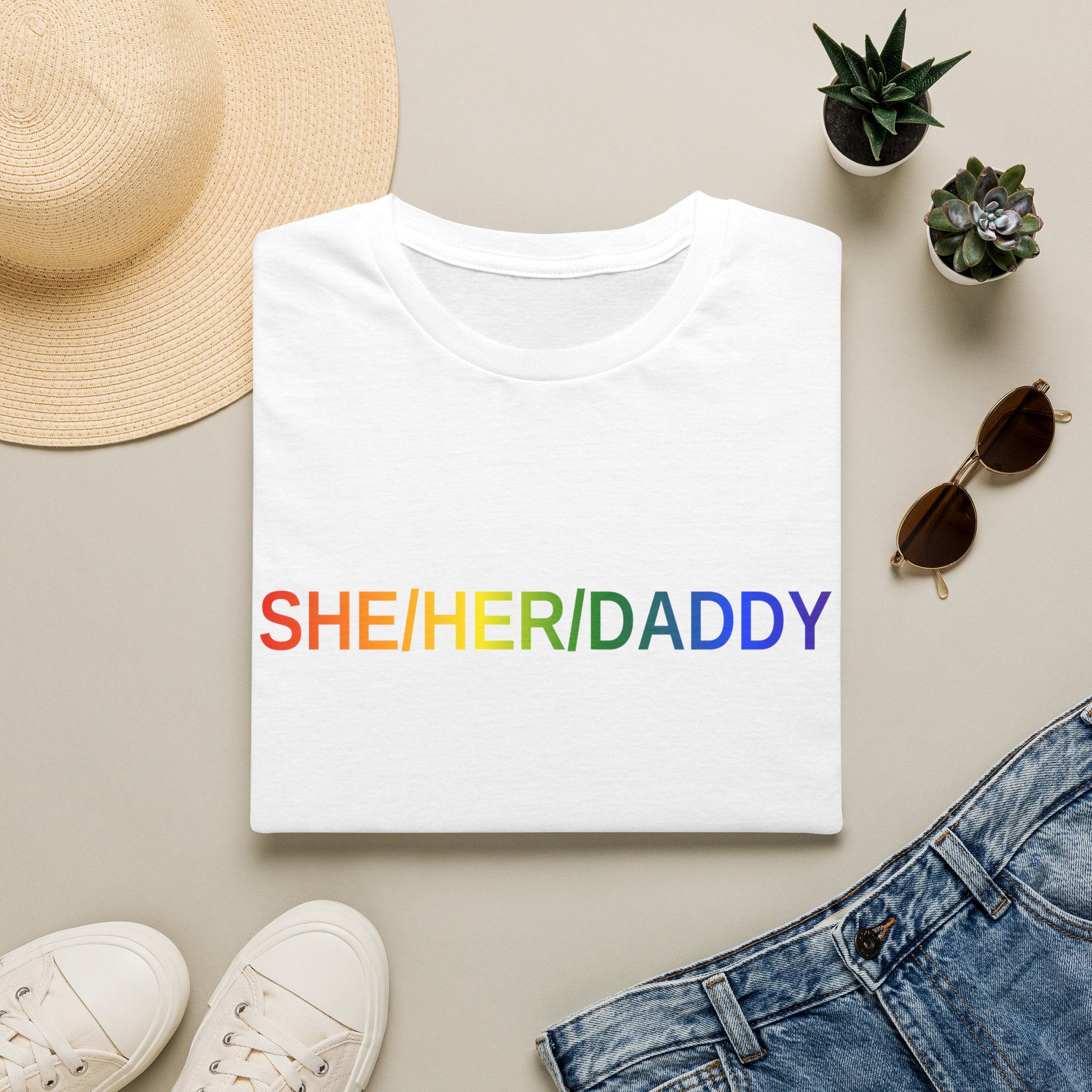 She/Her/Daddy Rainbow T-Shirt — LGBTQ+ Pronoun Pride Tee Classic Fit