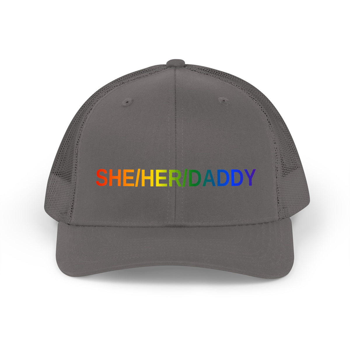 She/Her/Daddy Rainbow Trucker Hat — Pride Pronoun Mesh Cap