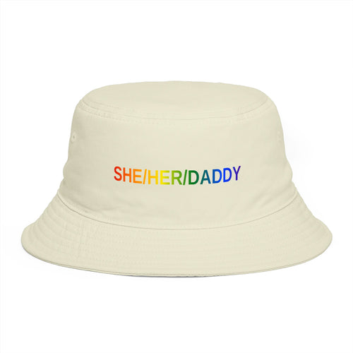 SHE/HER/DADDY Pronoun Rainbow Bucket Hat — Embroidered Pride Accessory