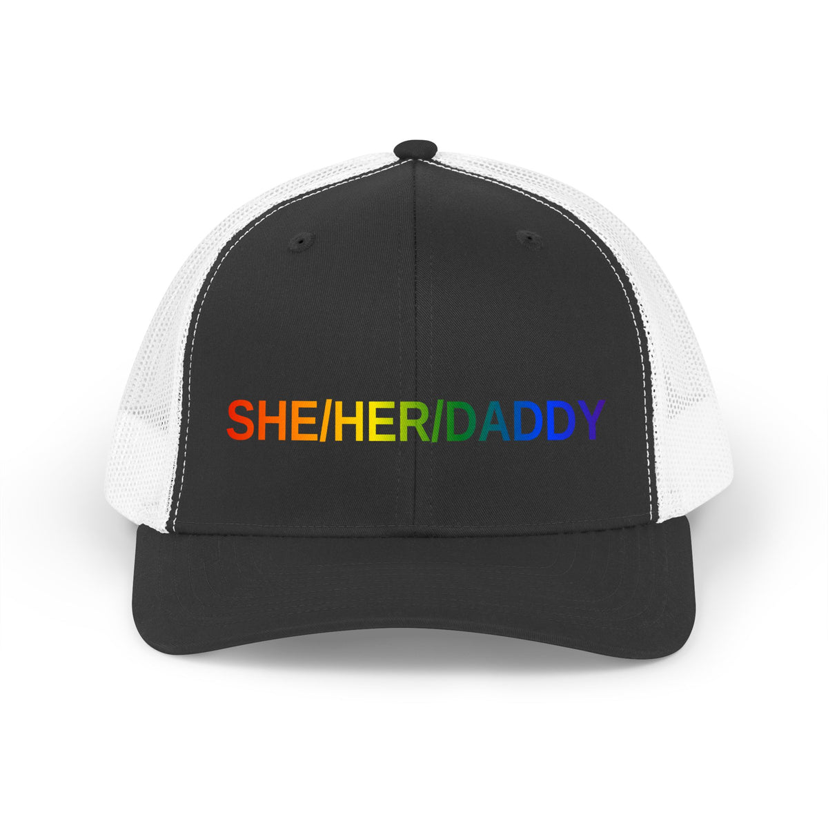 She/Her/Daddy Rainbow Trucker Hat — Pride Pronoun Mesh Cap