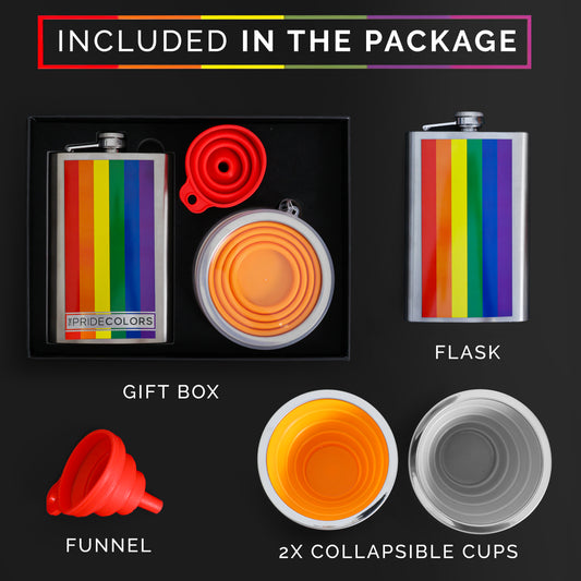 The Pride Colors Rainbow Stainless Steel 9 oz Hip Flask Gift Set for Liquor with 2 Collapsible Silicone Cups & Funnel