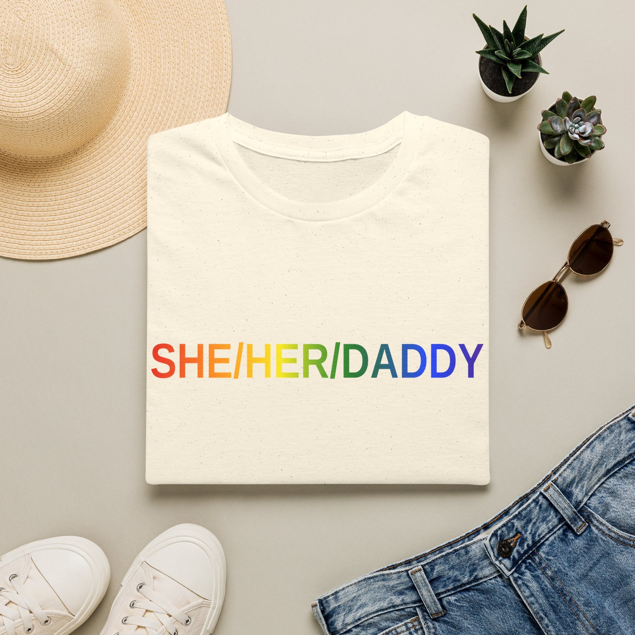 She/Her/Daddy Rainbow T-Shirt — LGBTQ+ Pronoun Pride Tee Classic Fit