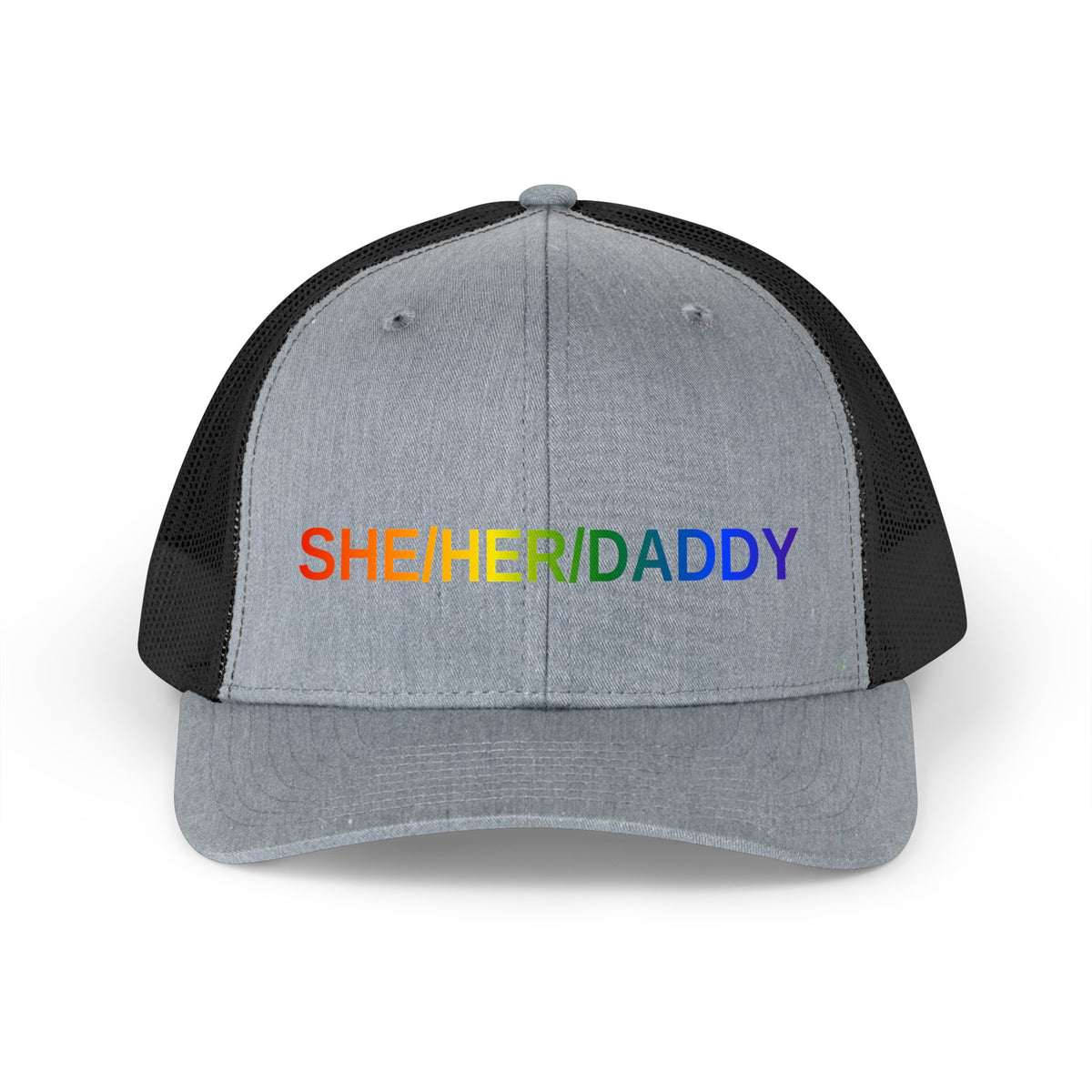 She/Her/Daddy Rainbow Trucker Hat — Pride Pronoun Mesh Cap