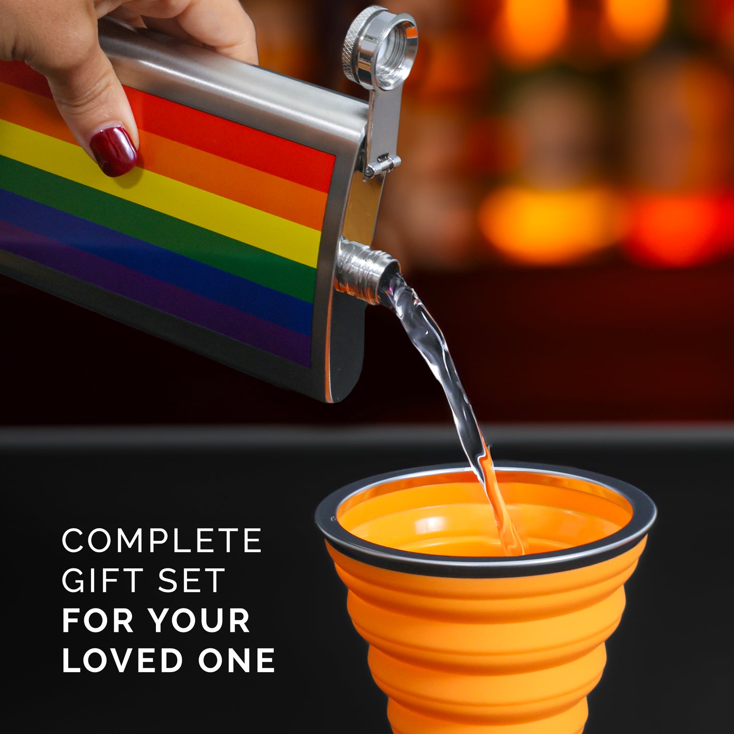 The Pride Colors Rainbow Stainless Steel 9 oz Hip Flask Gift Set for Liquor with 2 Collapsible Silicone Cups & Funnel