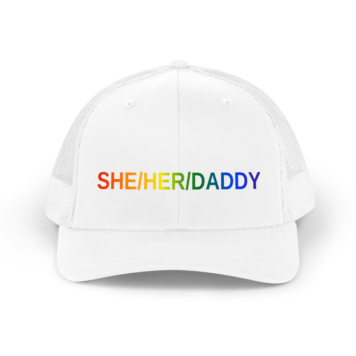 She/Her/Daddy Rainbow Trucker Hat — Pride Pronoun Mesh Cap