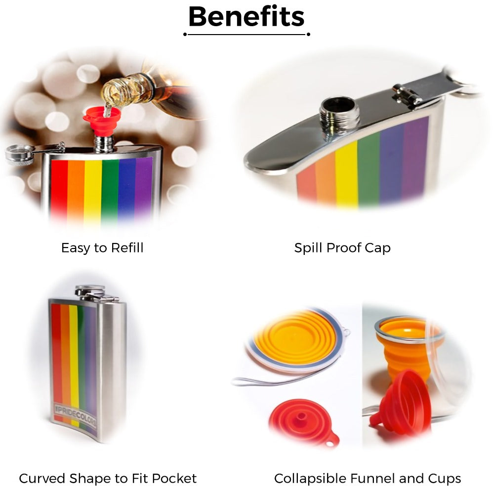 The Pride Colors Rainbow Stainless Steel 9 oz Hip Flask Gift Set for Liquor with 2 Collapsible Silicone Cups & Funnel