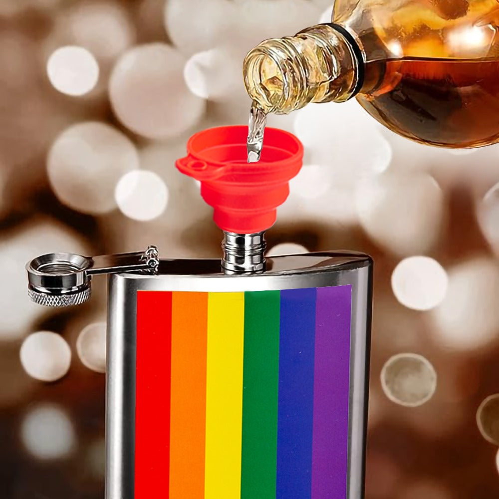 The Pride Colors Rainbow Stainless Steel 9 oz Hip Flask Gift Set for Liquor with 2 Collapsible Silicone Cups & Funnel