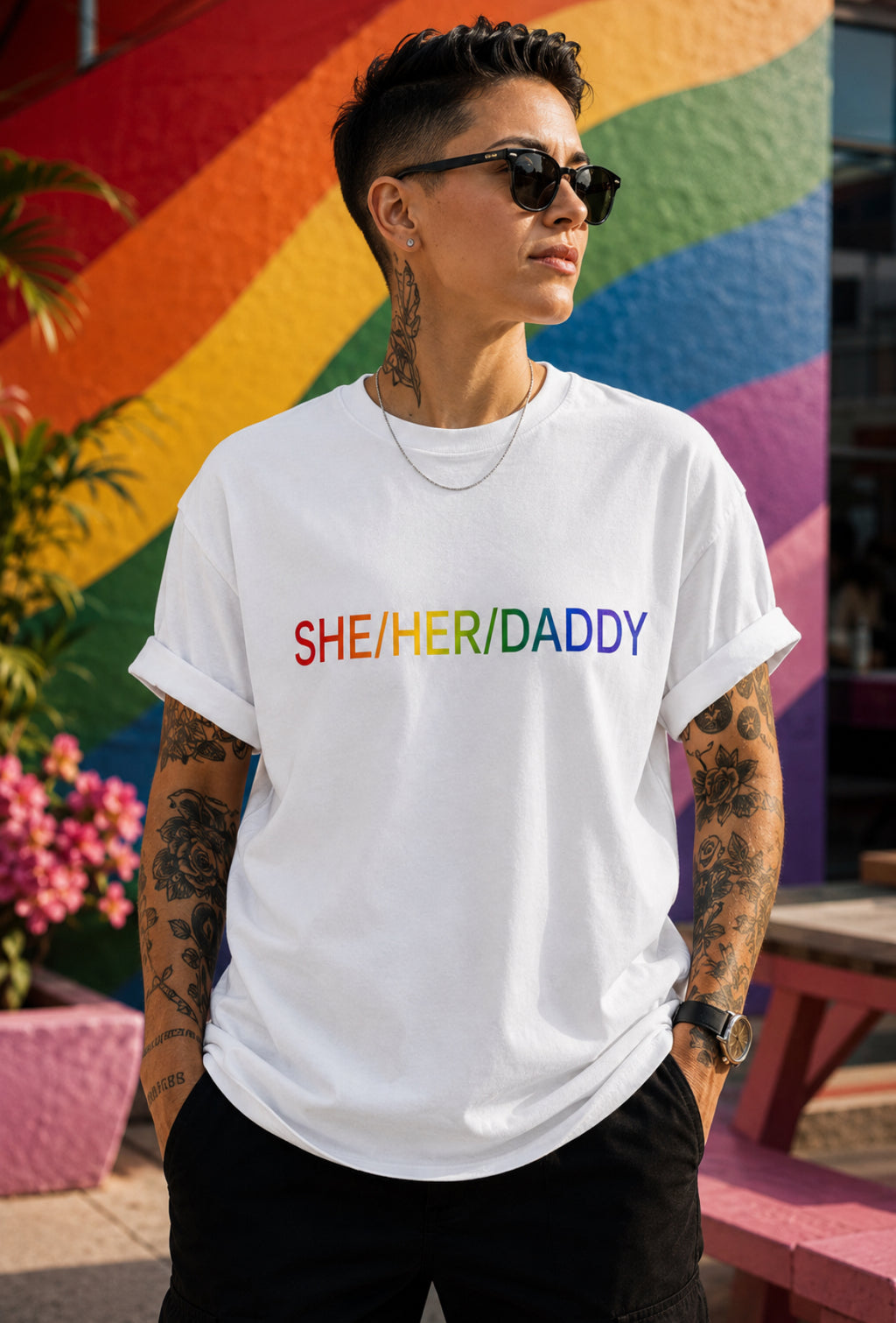 She/Her/Daddy Rainbow T-Shirt — LGBTQ+ Pronoun Pride Tee Classic Fit