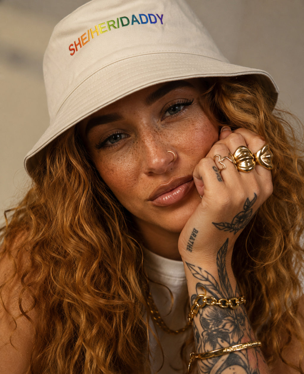 SHE/HER/DADDY Pronoun Rainbow Bucket Hat — Embroidered Pride Accessory