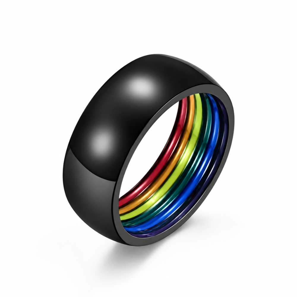 Black, Gold, and Polished Titanium Steel Rainbow Pride Colors Ring