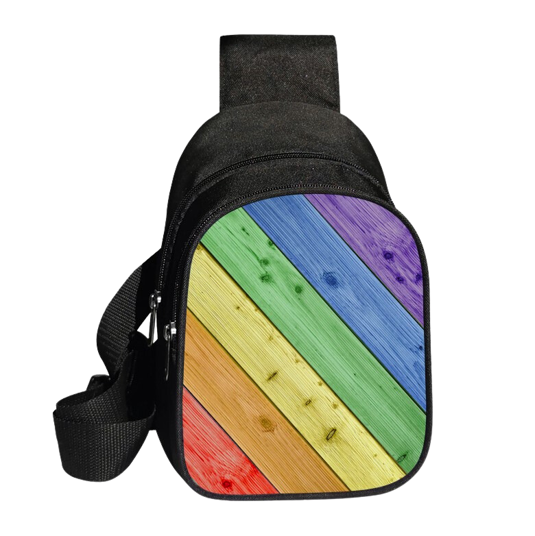 Pride Shoulder Sling Bag in Black with Woodgrain Pride Colors Design on the Front