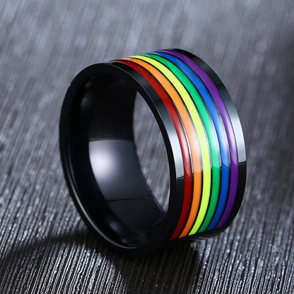 Pride colors on Black stainless steel ring