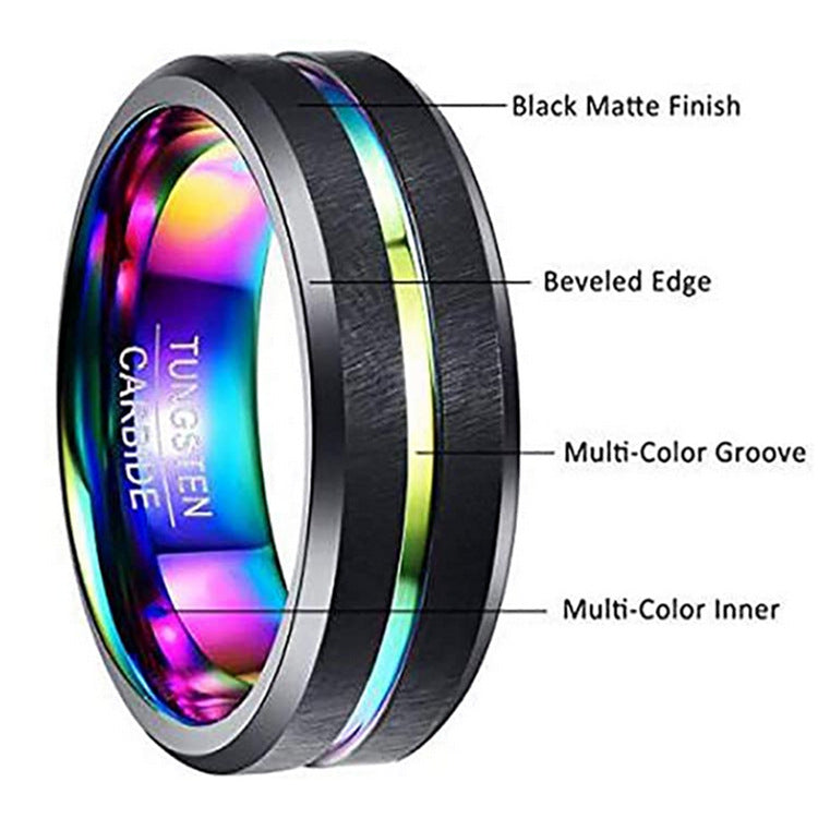 Two-tone Tungsten Steel Ring 8mm Wide with Rainbow Gradient Middle Groove - ThePrideColors