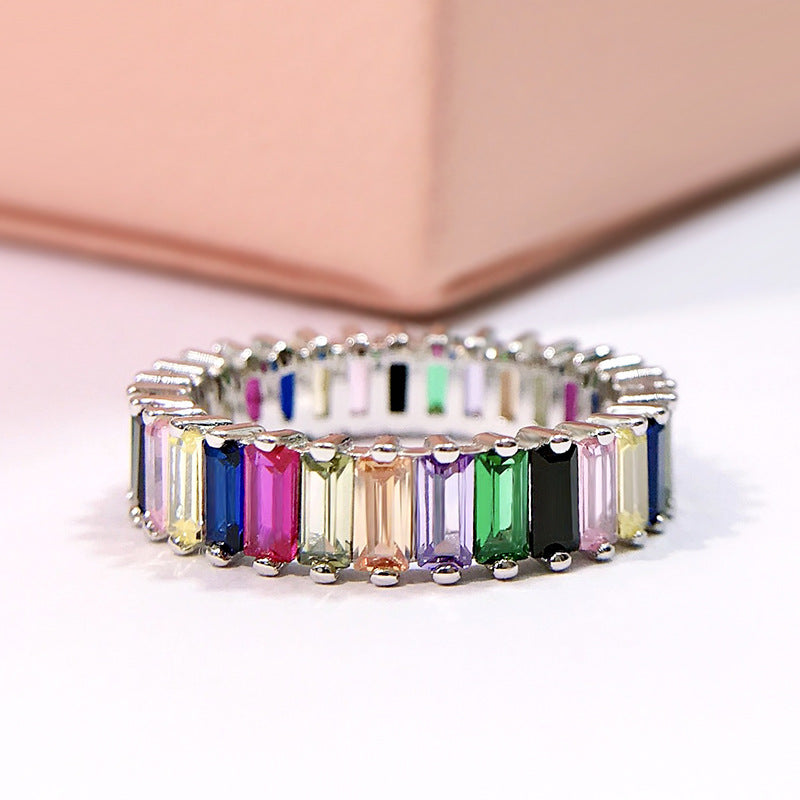 Silver with Colorful Geometric Rainbow Gemstones Ring - ThePrideColors