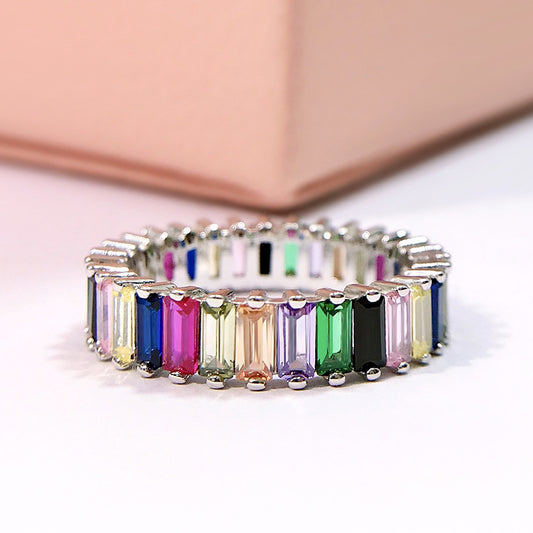 Silver with Colorful Geometric Rainbow Gemstones Ring