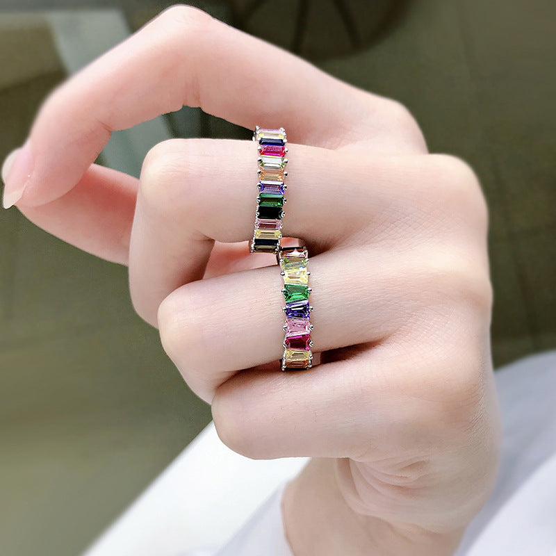 Silver with Colorful Geometric Rainbow Gemstones Ring