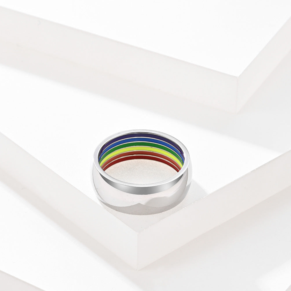 Black, Gold, and Polished Titanium Steel Rainbow Pride Colors Ring