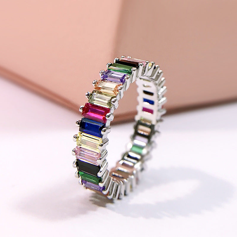 Silver with Colorful Geometric Rainbow Gemstones Ring - ThePrideColors