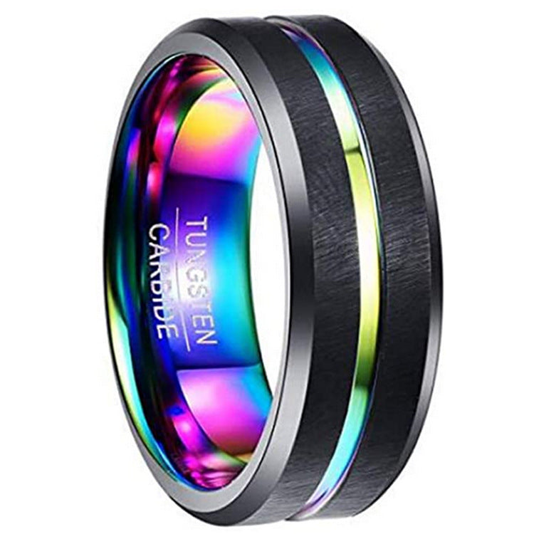 Two-tone Tungsten Steel Ring 8mm Wide with Rainbow Gradient Middle Groove - ThePrideColors